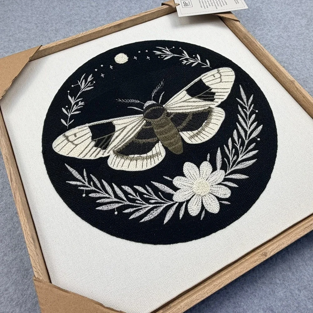 BP Home Woven Artistry Framed Embroidered Moth Wall Decor Black Cream 16.5in